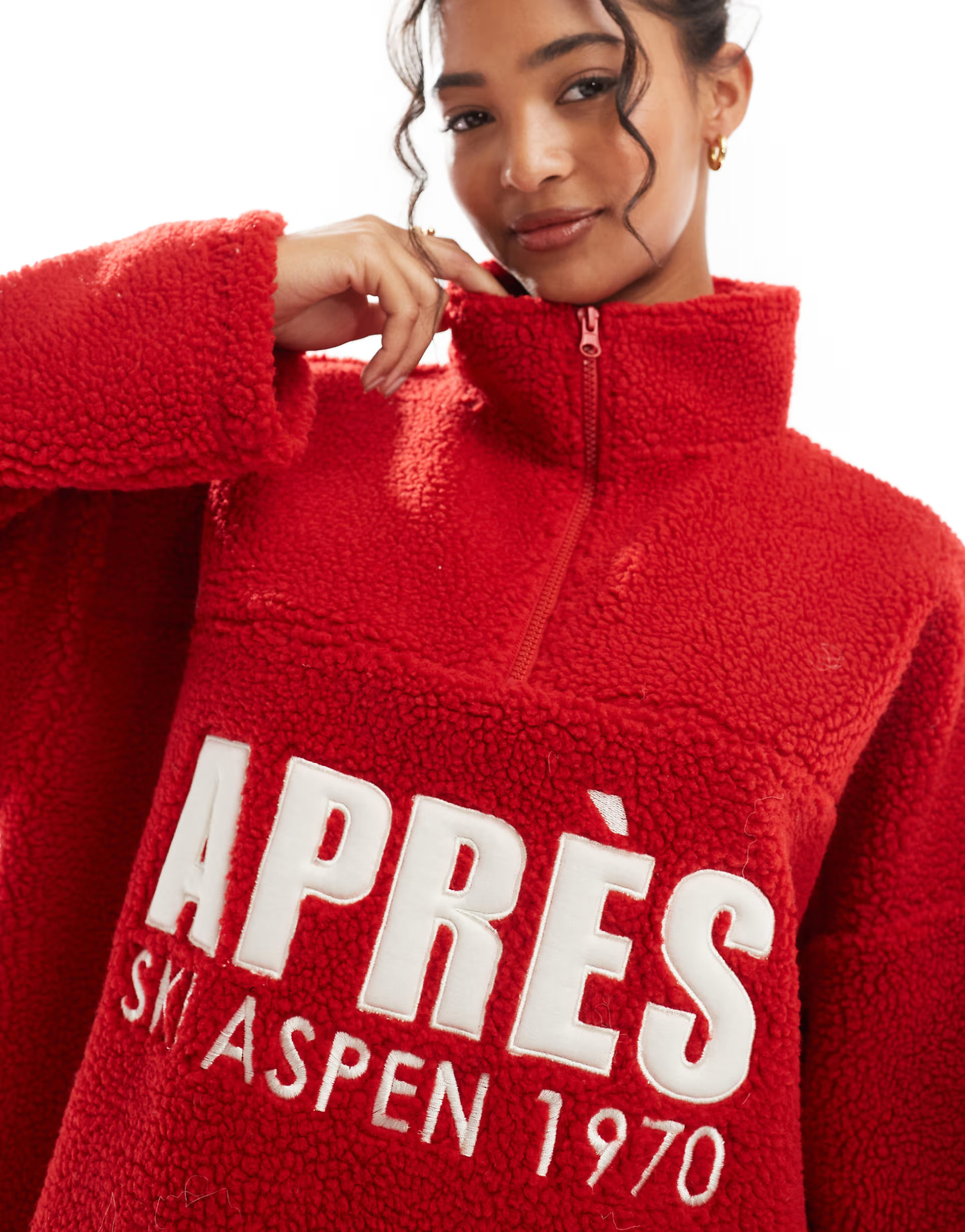ASOS DESIGN apres ski borg graphic sweatshirt in red | ASOS (Global)