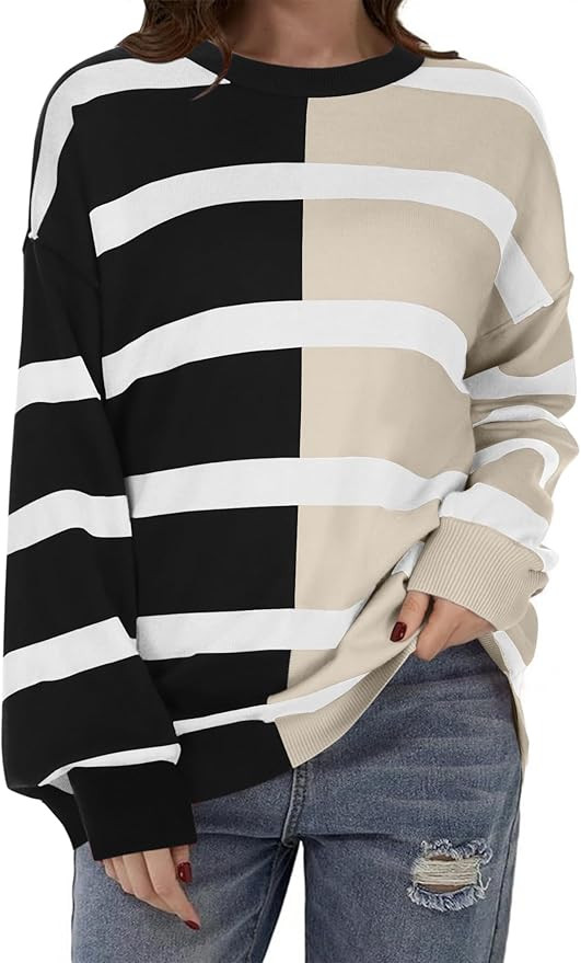 Zeagoo Womens Striped Oversized Sweater 2024 Crew Neck Long Sleeve Knitted Color Block Casual Loo... | Amazon (US)