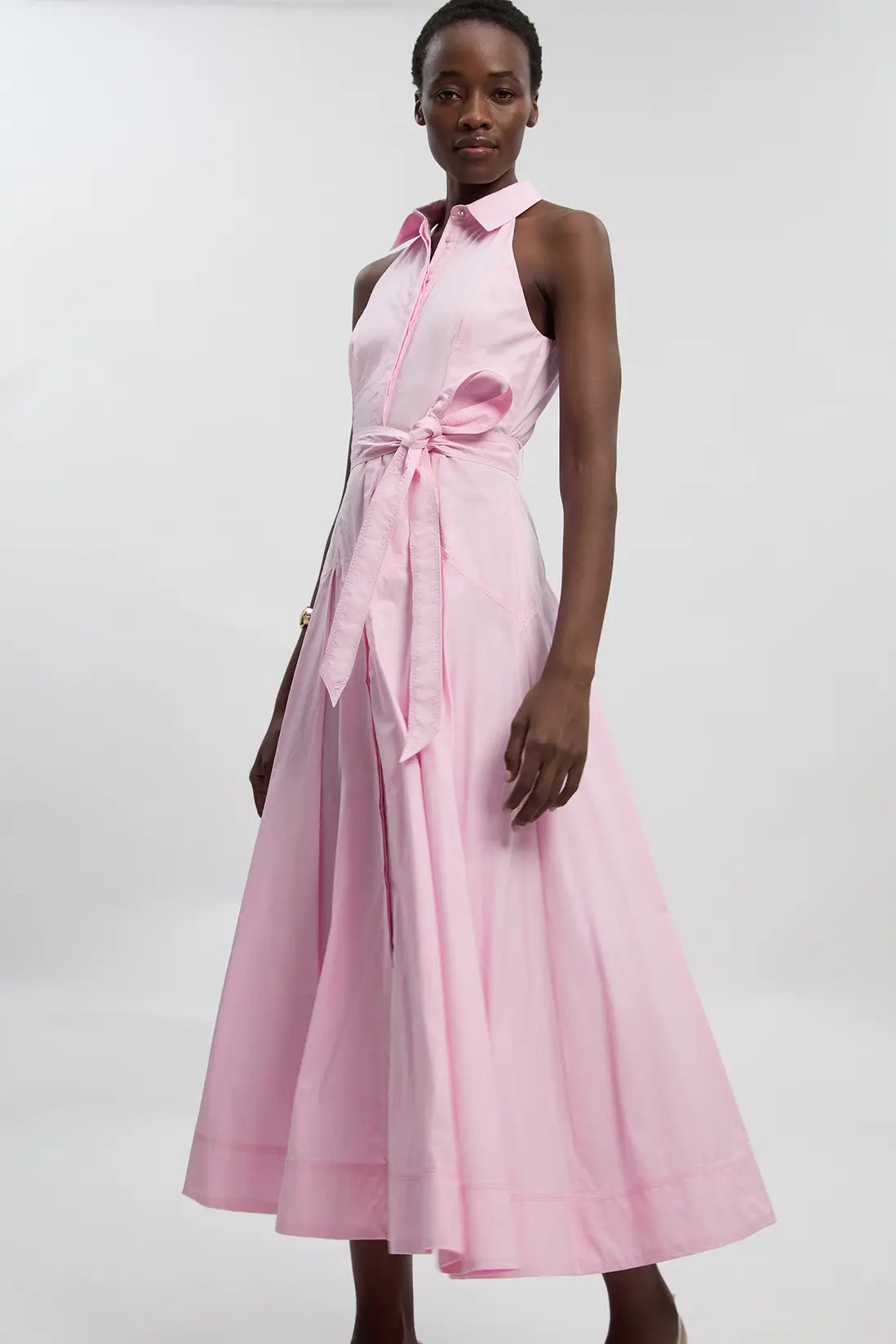 Cotton Collared Halter Neck Woven Midi Shirt Dress With Dropped Waist Detail | Karen Millen UK + IE + DE + NL