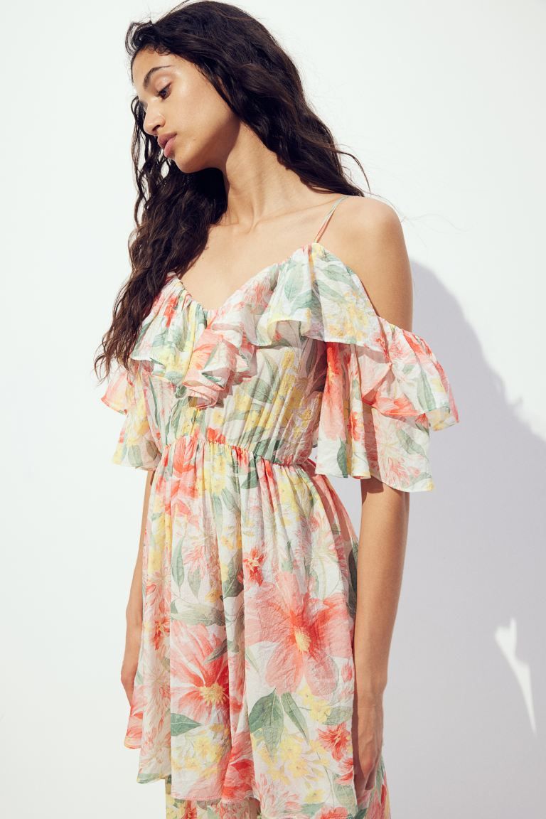 Open-shoulder Dress - V-neck - Short sleeve - Pink/floral - Ladies | H&M US | H&M (US + CA)