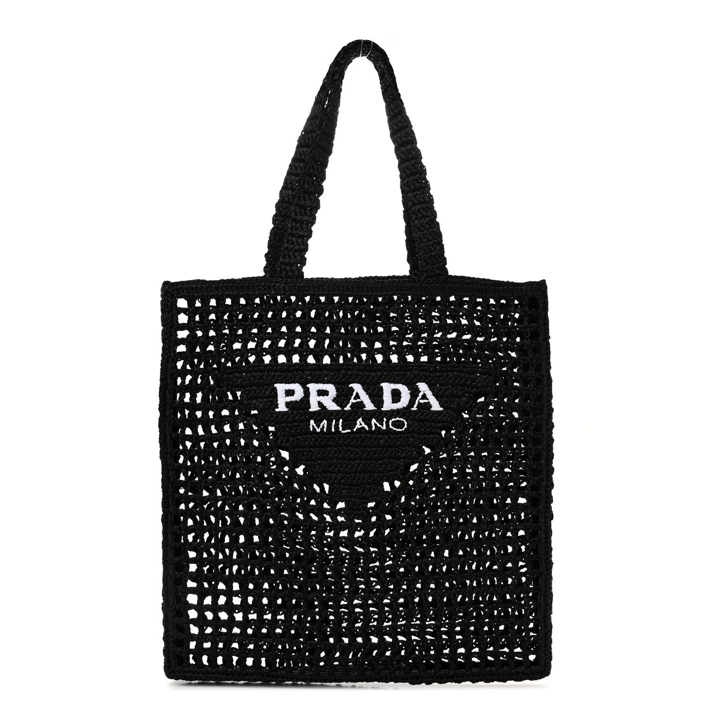PRADA Raffia Embroidered Logo Tote Bag Black | FASHIONPHILE | Fashionphile