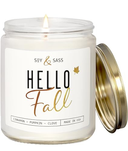 Fall Candles - 'Hello Fall Scented Candle' w/Cinnamon, Pumpkin & Fir I Infused with Essential Oils Autumn Scented Soy Candles for Home Décor, 9oz Reusable Jar, 50Hr Burn, Made in USA | Amazon (US)