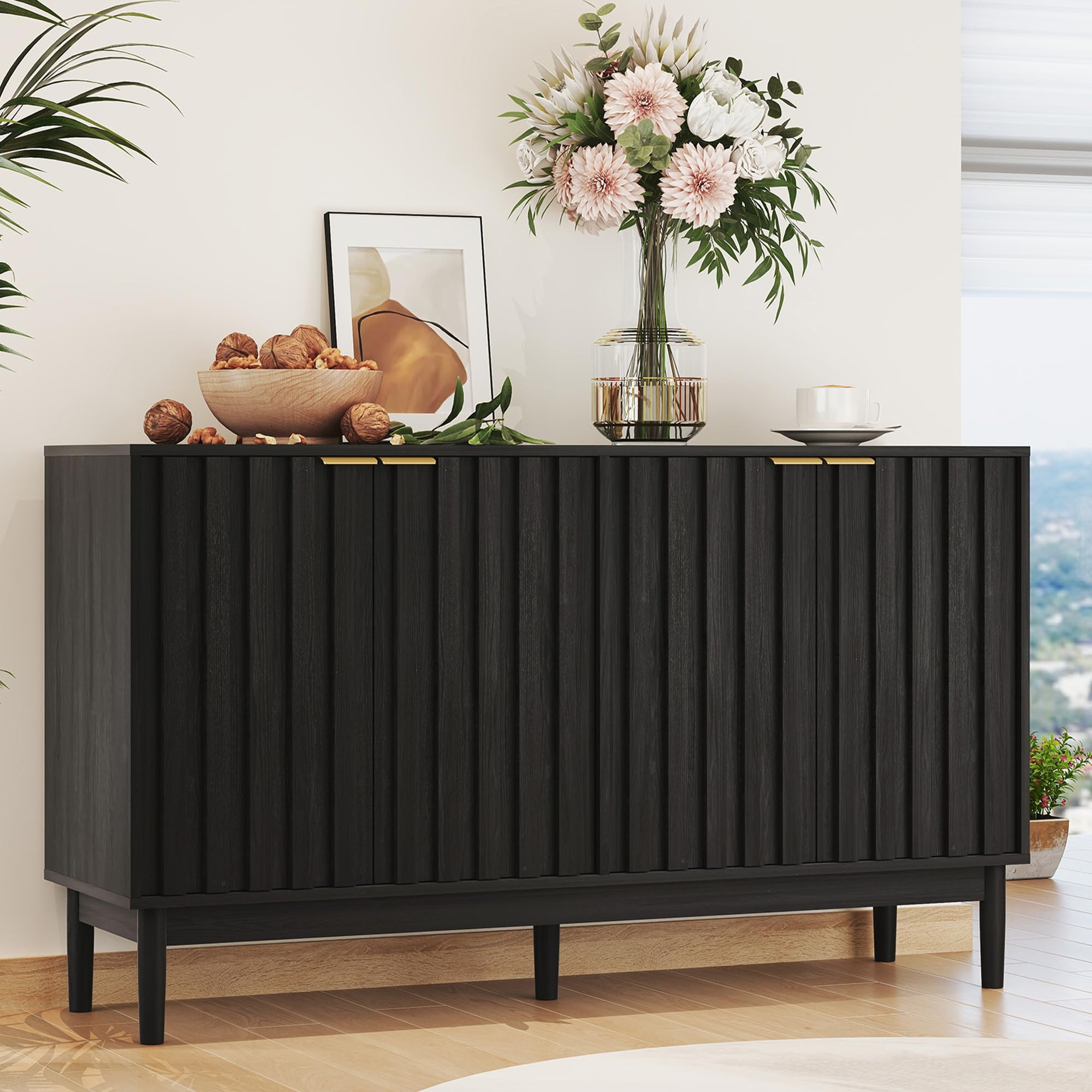 Fluted Cabinet with Storage, Small Buffet Cabinet Sideborad with Door, Kitchen Buffet Storage Accent Cabinets with Adjustable Shelves for Living Room, Entry, Hallway,Black | Amazon (US)