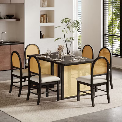 7-Piece Rustic Dining Table Set with Black Wood Frame and Rattan Accents, Dining Set with 6 Rattan Dining Chairs for Dining Room - Panipeachy | Target