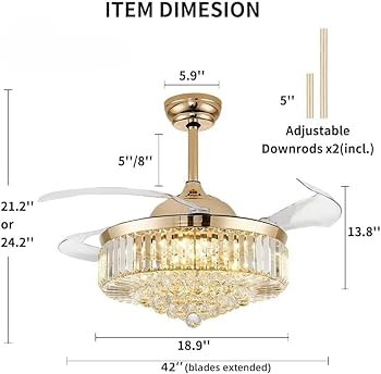 42'' Fandelier Ceiling Fan with Light, Retractable Chandelier Fan LED Dimmable Crystal Ceiling Fa... | Amazon (US)