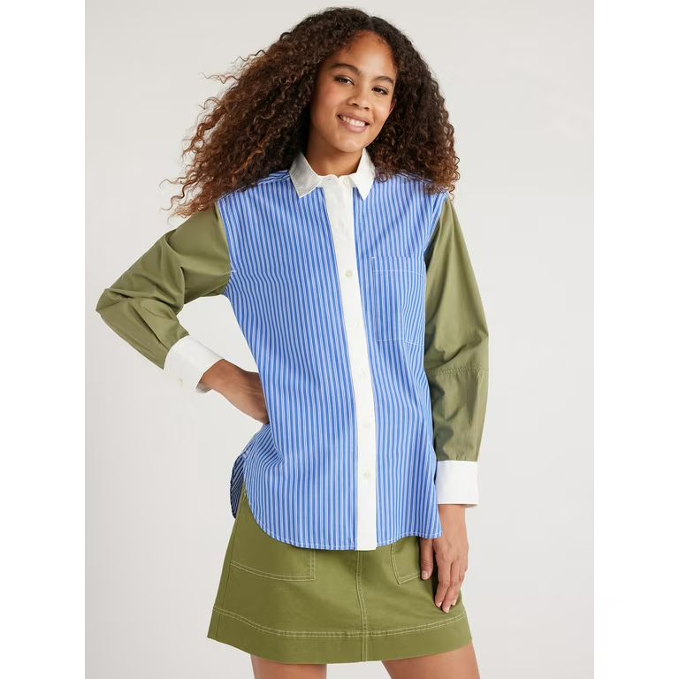 Free Assembly Women's Button Front Boxy Tunic Shirt with Long Sleeves, Sizes XS-XXL | Walmart (US)