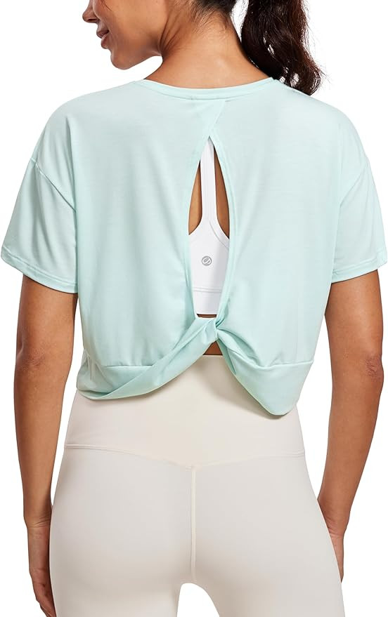 CRZ YOGA Open Back Short Sleeve Crop Top for Women Loose Athletic Yoga Workout Tops Casual Croppe... | Amazon (US)