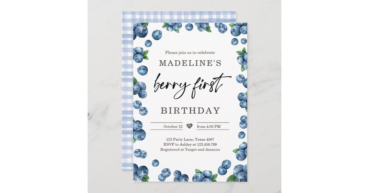 Blueberry Berry Sweet 1st First Birthday Invitation | Zazzle | Zazzle