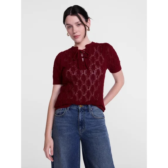 Scenario Woman's Lace Up Open Knit Sweater, Lightweight, Sizes XS-XXXL | Walmart (US)