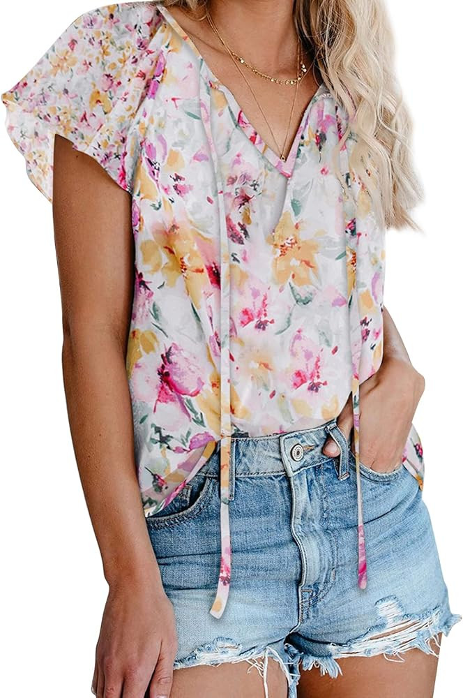 Dokotoo Women's Casual Boho Floral Printed V Neck Tops Drawstring Short Long Sleeve T Shirt Blous... | Amazon (CA)