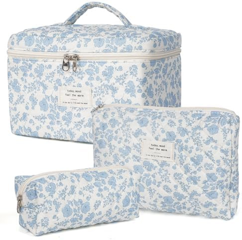 Makeup Bag,Quilted Cosmetic Bag,Large Floral Make Up Bag for Women,Cotton Makeup Bag Set,Flower T... | Amazon (US)
