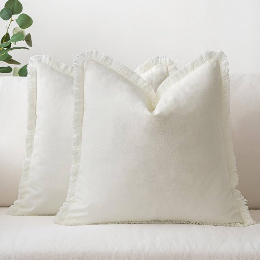 MIULEE Throw Pillow Covers 18x18 Set of 2 Cream Pillow Covers with Fringe Chic Cotton Decorative ... | Amazon (US)