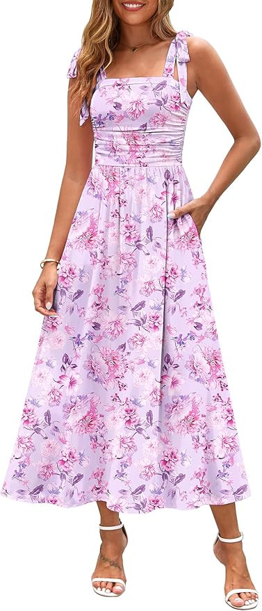 Zattcas Womens 2026 Summer Spaghetti Strap Floral Maxi Dress with Pockets Smocked Flowy Long Beac... | Amazon (US)