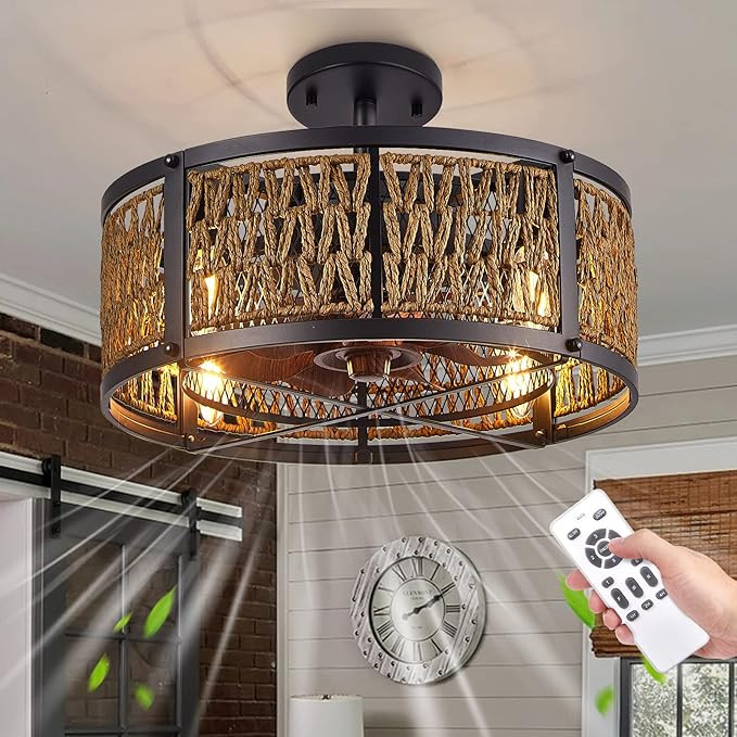 DADUL Farmhouse Ceiling Fan with Light, Enclosed Bladeless Ceiling Fan 6 Speed Adjustable, Caged ... | Amazon (US)