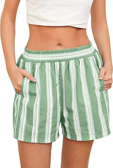 MISSACTIVER Women Striped Boxer Shorts Elastic High Rise Pajama Bottoms Casual Lounge Shorts with... | Amazon (US)