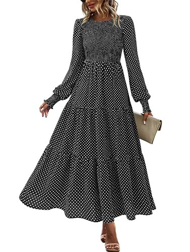 dowerme Maxi Dresses for Women 2026 Long Sleeve Floral Smocked A Line Polka Dot Flowy Boho Vacation Dress Spring Clothes(Dot Black White,Small) | Amazon (US)