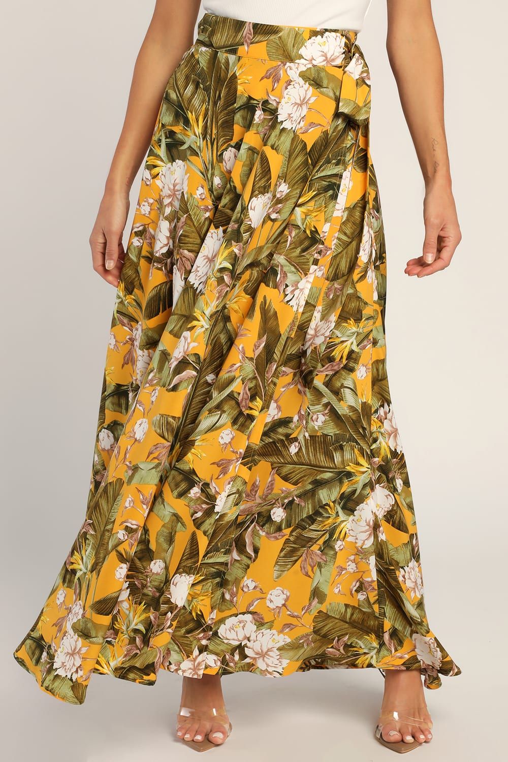 Away to the Islands Marigold Tropical Print Wrap Maxi Skirt | Lulus (US)
