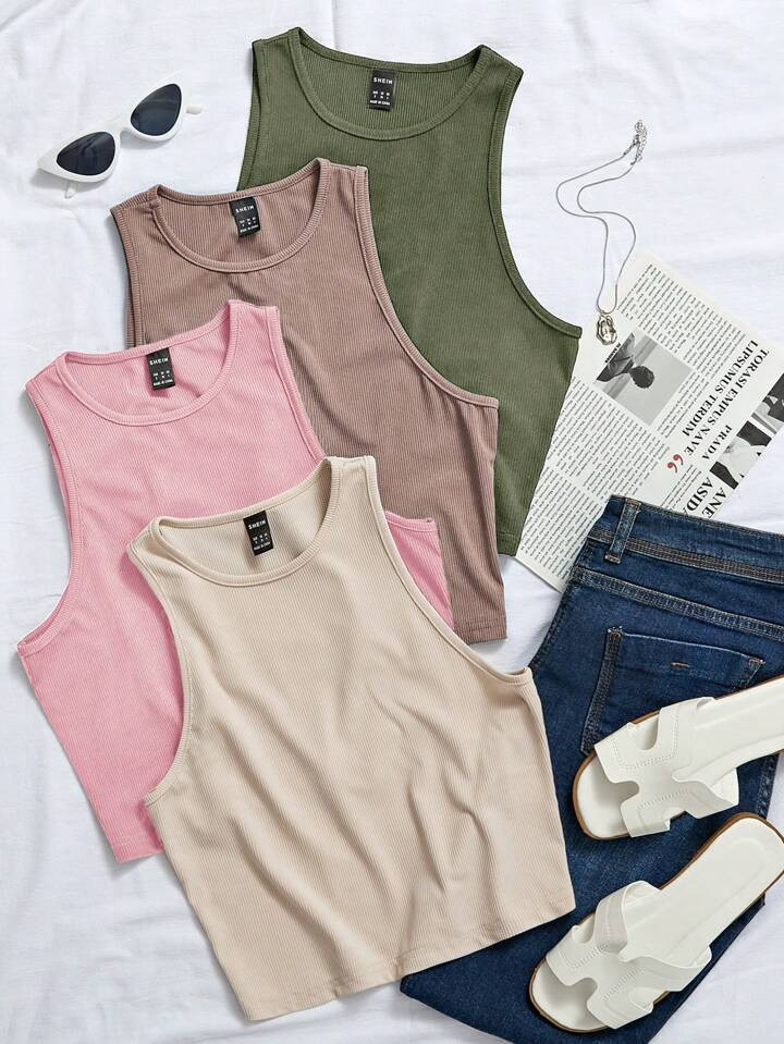 Chiquease Women's Solid Color Round Neck Casual Versatile Tank Top | SHEIN