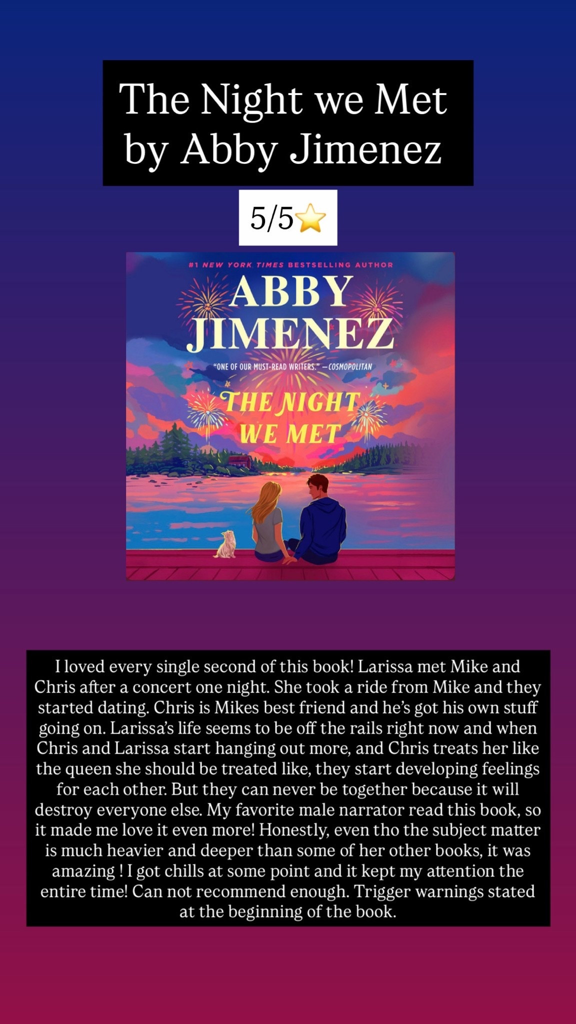 16. The night we met by Abby Jimenez :: 5/5⭐️ I loved every single second of this book! Larissa met Mike and Chris after a concert one night. She took a ride from Mike and they started dating. Chris is Mikes best friend and he’s got his own stuff going on. Larissa’s life seems to be off the rails right now and when Chris and Larissa start hanging out more, and Chris treats her like the queen she should be treated like, they start developing feelings for each other. But they can never be together because it will destroy everyone else. My favorite male narrator read this book, so it made me love it even more! Honestly, even tho the subject matter is much heavier and deeper than some of her other books, it was amazing ! I got chills at some point and it kept my attention the entire time! Can not recommend enough. Trigger warnings stated at the beginning of the book.

#LTKdayinmylife #LTKstorytime #LTKTravel