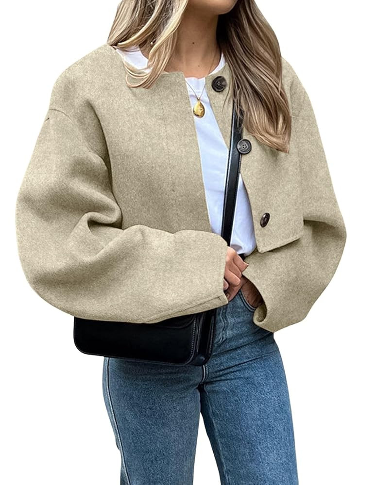 CHARTOU Women Cropped Wool Blend Pea Coat Short Jacket Peacoat Long Sleeve Button Down Crop Jacke... | Amazon (US)