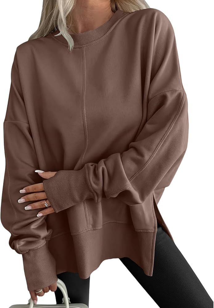 ZWRXW Sweatshirt Women Fall Crew Neck Sweatshirts Side Slit Pullover Top Shirts Long Sleeve Thumb... | Amazon (US)