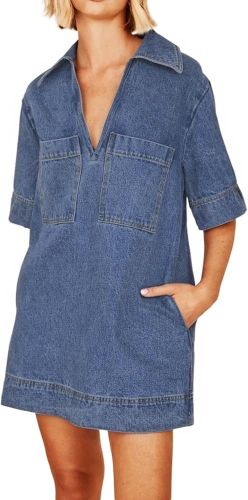 Women Denim Dress Summer Deep V Neck Short Sleeve Casual Loose Collared Shift Mini Jean Dress wit... | Amazon (US)