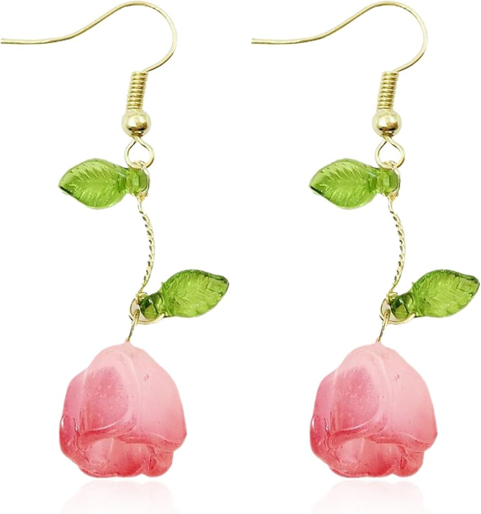 Tulip Flower Leaf Tassel Earrings Rose Flower Tassel Dangle White Camellia Floral Green Leaf Stud... | Amazon (US)