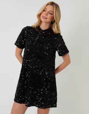 Threadbare High neck sequin velour mini dress in black | ASOS | ASOS (Global)