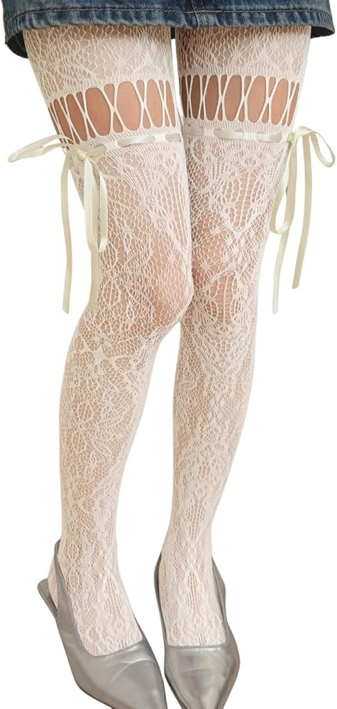 Lace Tights With Bows,Cute Floral Patterned Stockings For Women,Halloween Costume Sexy Goth Fishn... | Amazon (US)