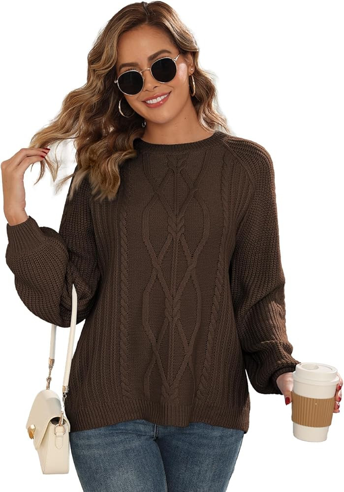 Women's Cable Knit Crewneck Sweaters 2025 Fall Winter Long Sleeve Casual Chunky Knit Sweater Pull... | Amazon (US)