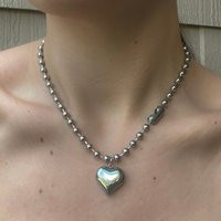 Silver Puffed Heart Ball Chain Stainless Steel Pendant Necklace Chrome Y2K Style Unisex Punk Jewelry 3D Balloon Keachains | Etsy (US)
