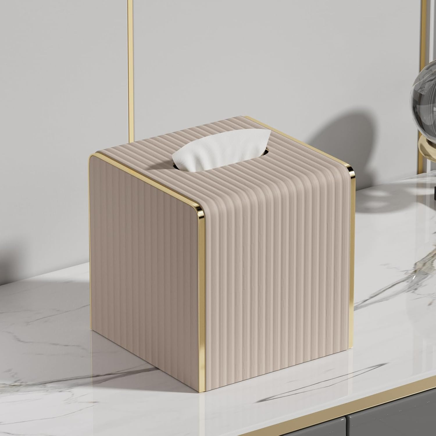 Tissue Box Cover,Beige Cube Leather Tissue Box Holders with Gold-Tone Edging Accents,Decorative T... | Amazon (US)