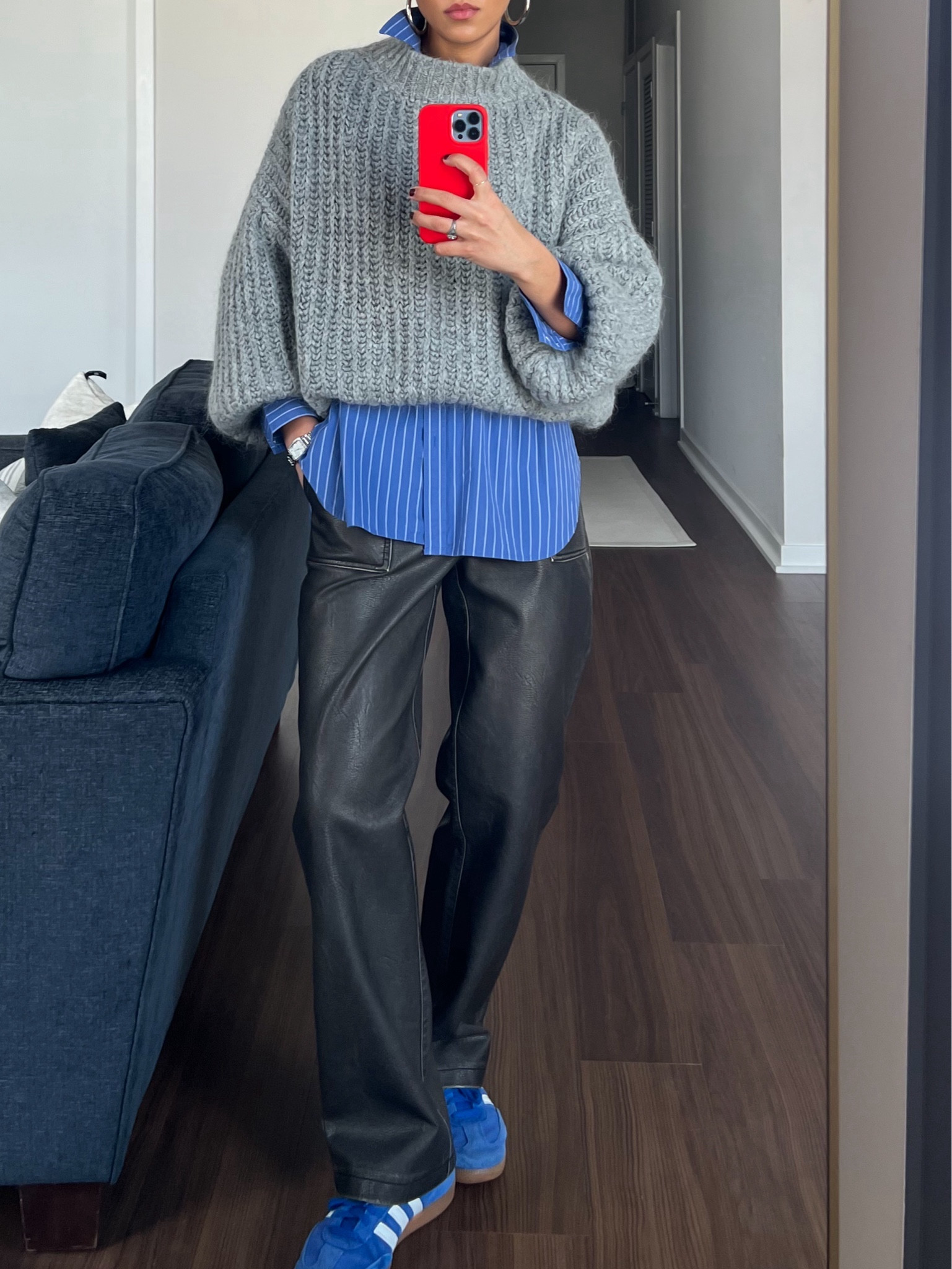 💙 sweater, button down, and pants not sold anymore, but linked similar ones i would buy :) 

original brands: leather pants (Zara), button down (Banana Republic), shoes (Adidas)