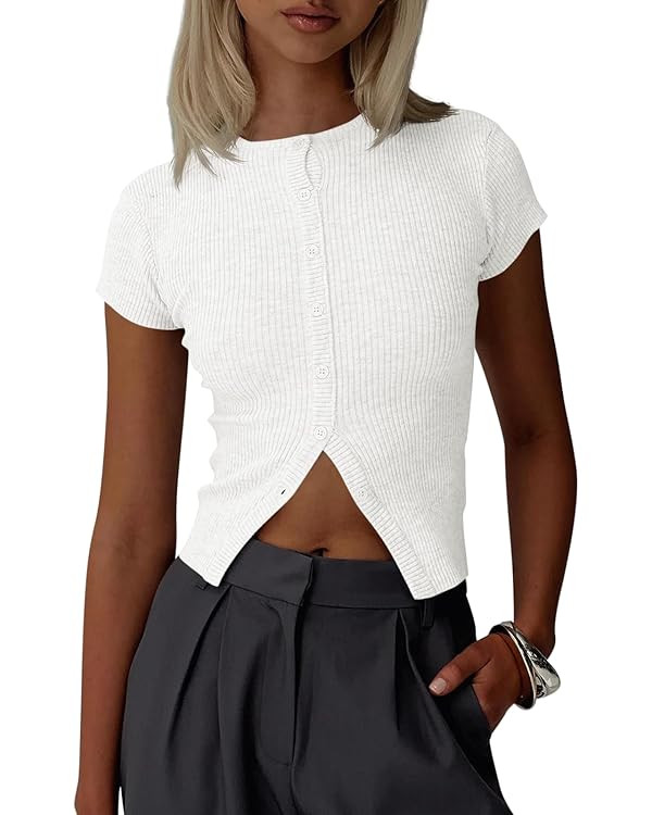 Imily Bela Womens Short Sleeve Sweater Tops Summer Button Down Casual Ribbed Knit Slim Fit Croppe... | Amazon (US)