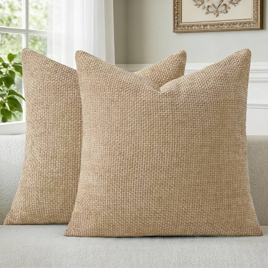 a moment Light Brown Chenille Throw Pillow Covers 18x18 Inch Pack of 2 Modern Decorative Throw Pi... | Amazon (US)