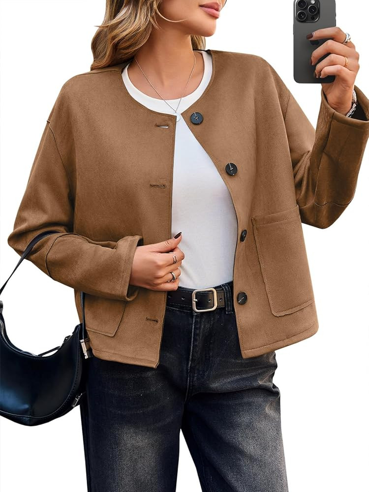 Cicy Bell Womens Faux Suede Leather Jackets Trendy Casual Cropped Outerwear Button Down Collarles... | Amazon (US)