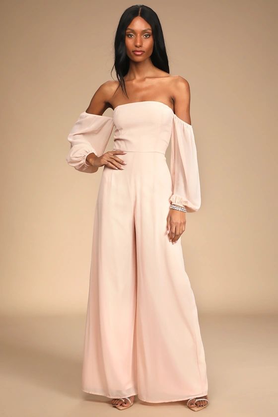 Always Us Blush Off-the-Shoulder Long Sleeve Wide-Leg Jumpsuit | Lulus (US)