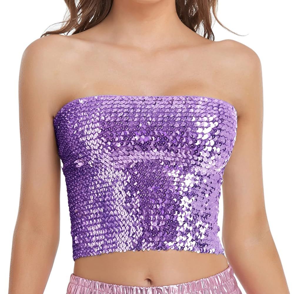 Womens Sparkly Sequin Mermaid Crop Tops, Strapless Metallic Tube Tops for Party Clubwear | Amazon (US)