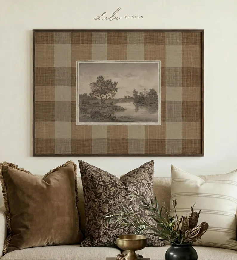 Rustic Farmhouse Wall Art | Vintage Landscape Sketch |  Plaid Wall Art | Antique Nature Artwork | Etsy (Global)