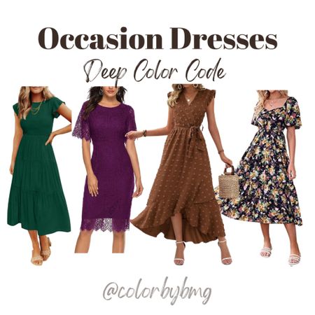 Deep Color Code Occasion Dresses

Deep Autumn or Deep Winter

Dress colors from left to right:

1. Dark Green
2. Plum
3. Swiss Dot Brown
4. Floral Black and Yellow

#LTKstyletip #LTKfindsunder50