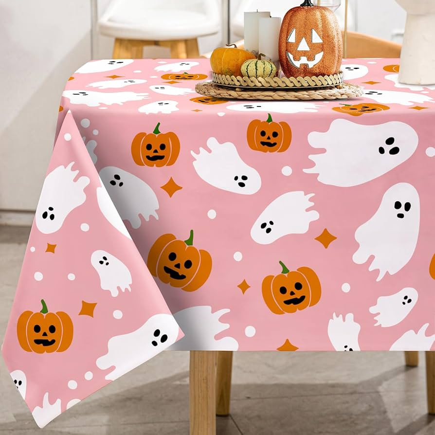 Halloween Tablecloth 60 x 104 Inch Ghost Pumpkin Table Cover Pink Rectangle Table Cloth for Home ... | Amazon (US)