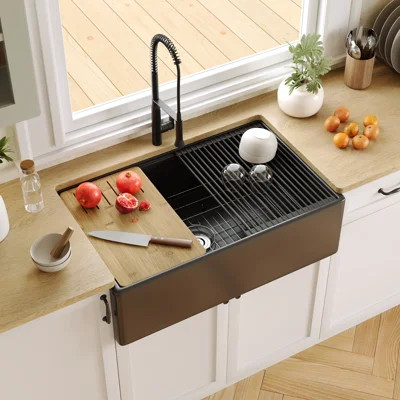 33"L x 20"W Farmhouse Kitchen Sink Deep Single Bowl Fireclay Workstation Sink with Cutting Board and Dish Drying Rack | Wayfair North America