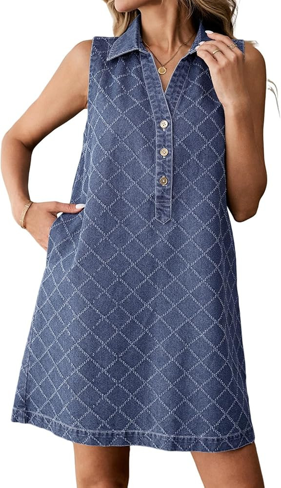 Dokotoo Denim Dress for Women Summer Casual Sleeveless V Neck Button Mini Jean Dersses with Pocke... | Amazon (US)