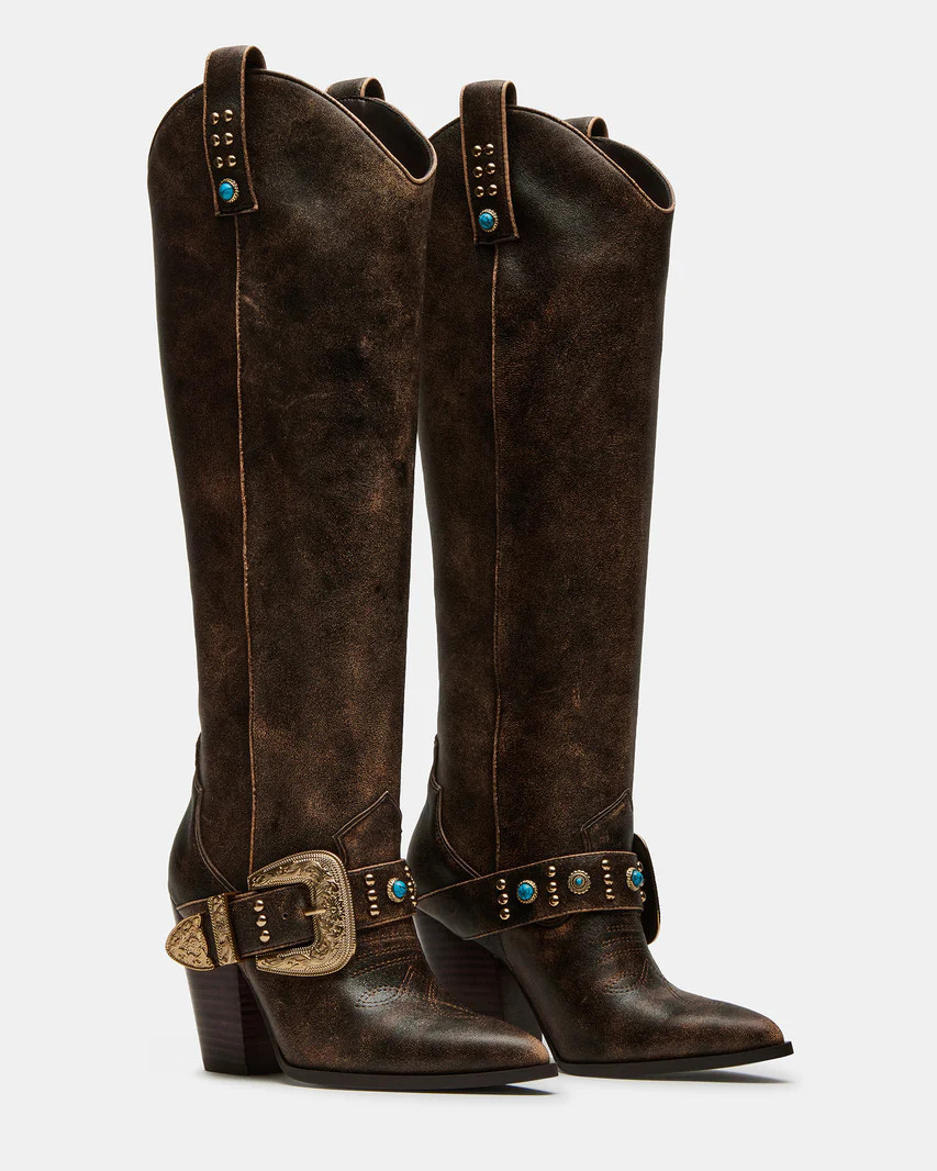 LASSO Buckle Brown Distressed Western Boot | Women's Boots | Steve Madden (US)