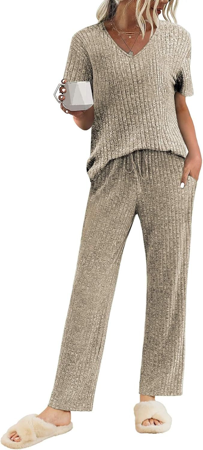 Ekouaer Womens Ribbed Knit Lounge Set Short Sleeve Top and Long Pants Sleepwear Pajama Set Two Pi... | Amazon (US)