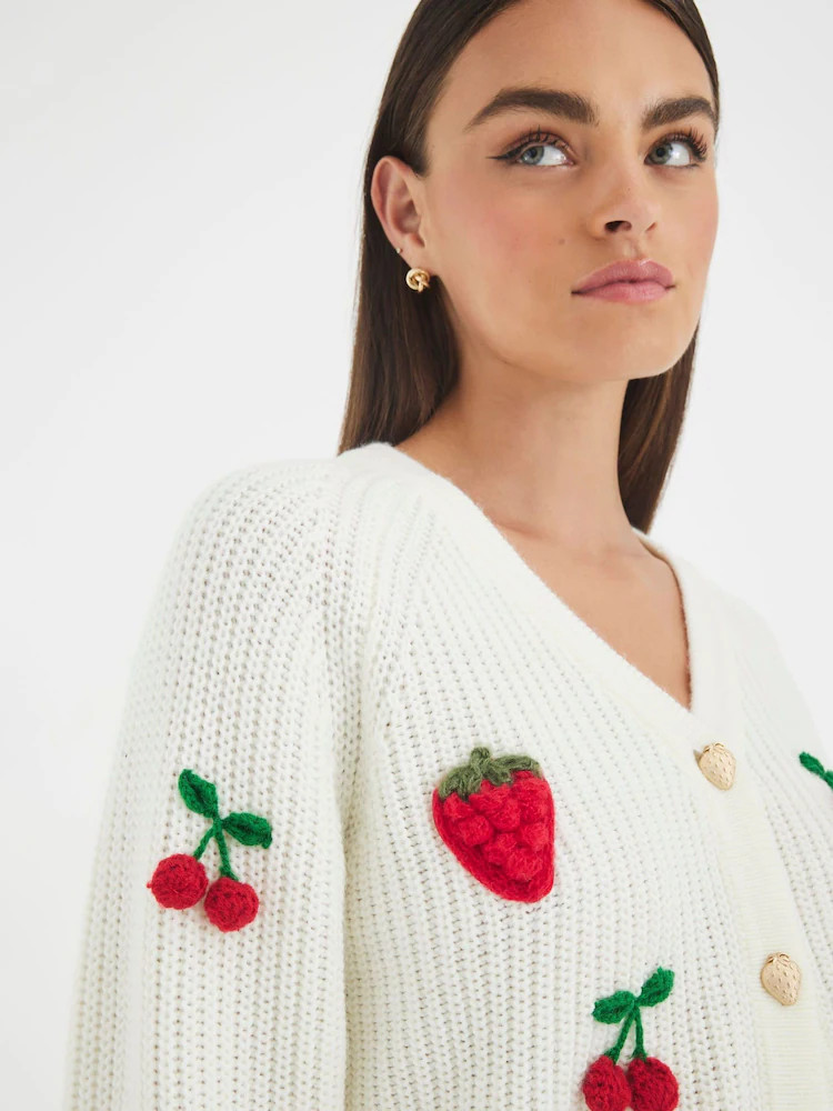 River Island Cream Embroidered Strawberry Cardigan | Next EU