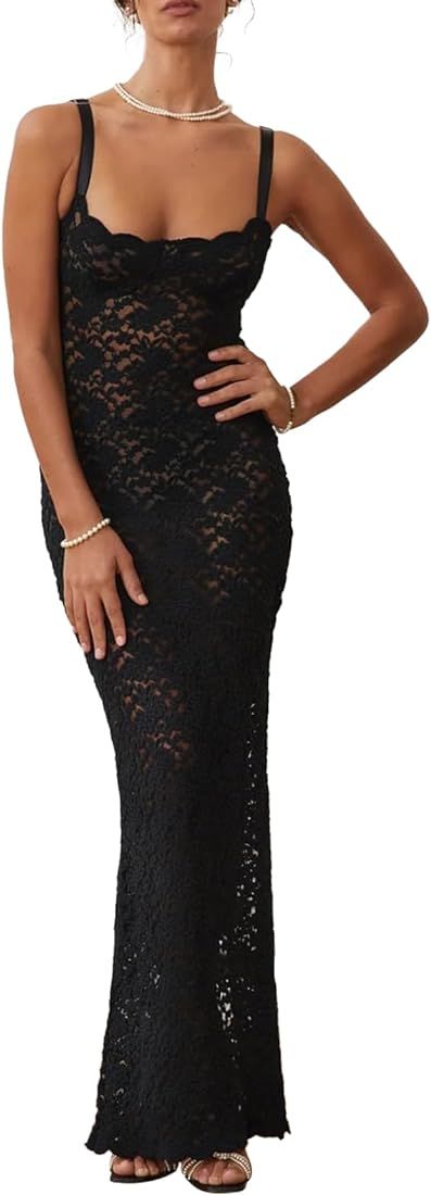 Women’s Cocktail Dress Sexy Lace Hollow Out Transparent Sleeveless Spaghetti Straps Slim Fit Ma... | Amazon (US)