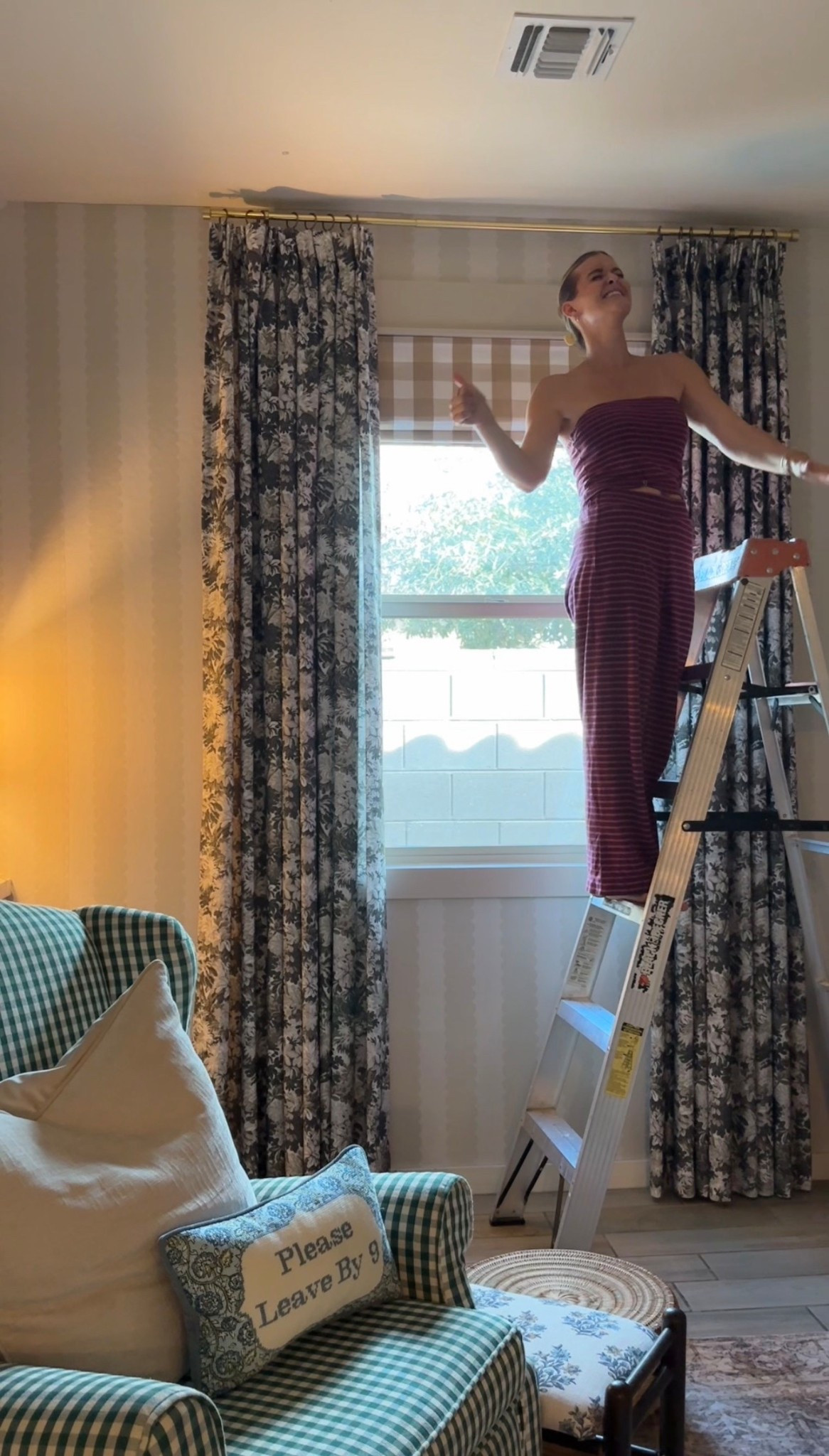 ✨Use code MEGANGARZA @twopagescurtains for 20%✨

Roman blinds: Celia Patterned Roman Shade (remote) – C508-9 Khaki Grid
Curtains: Britt Bengoechea Floral Print – Triple Taylor Pleat – Cypress – Privacy lined