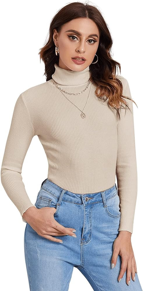 SweatyRocks Women's Long Sleeve Turtleneck Ribbed Knit Pullover Sweater Top | Amazon (US)