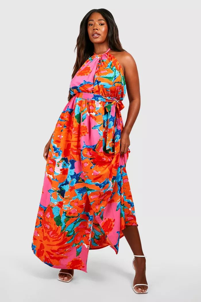 Plus Floral Halter Maxi Dress | boohoo (US & Canada)